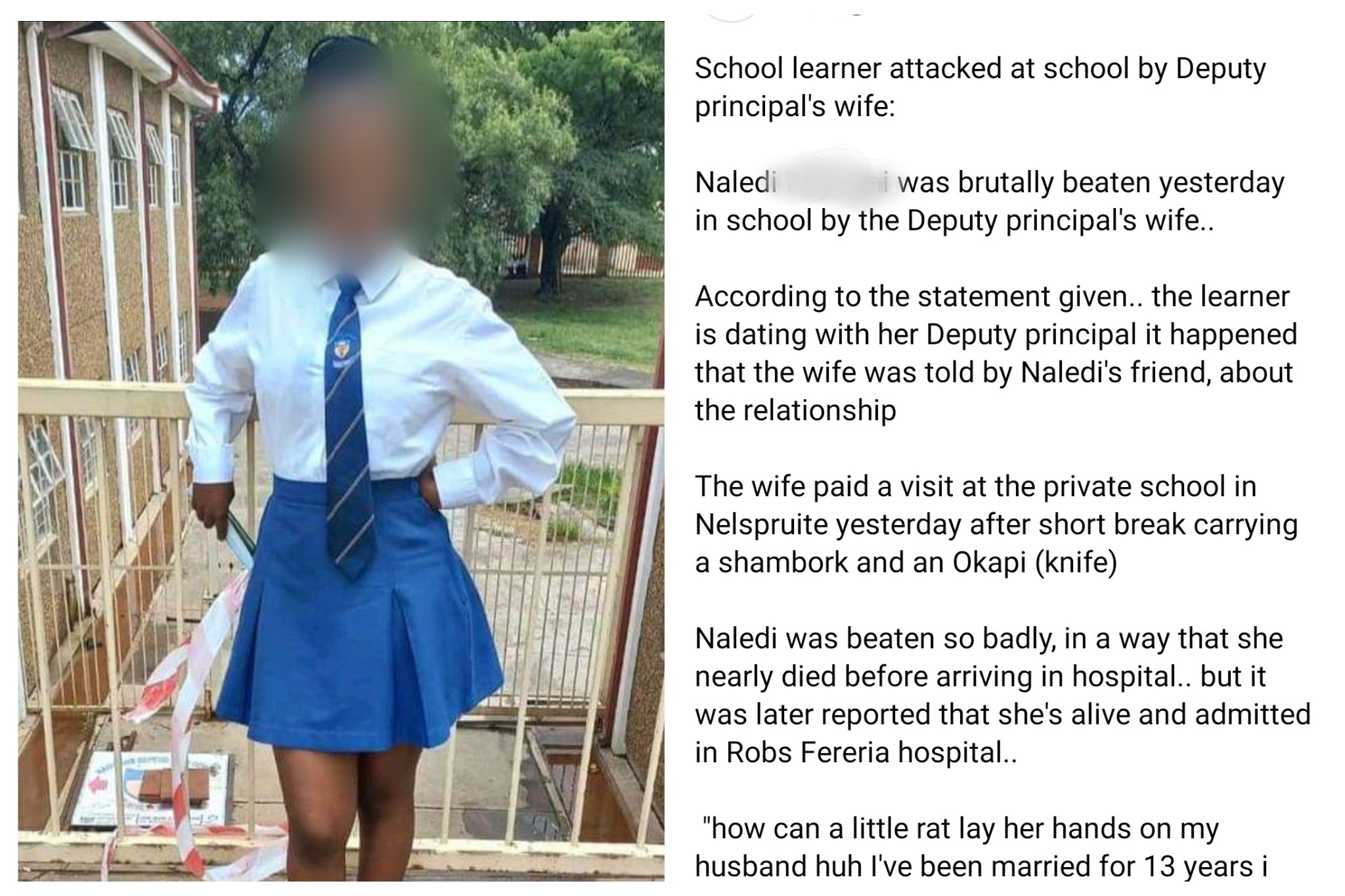 learner was allegedly attacked at school by the Deputy Principal's wife for dating her husband 1