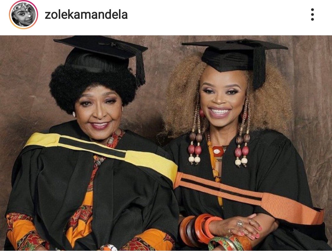 Zoleka and Mama Winnie Mandela wearing their graduation gowns, see which degree Zoleka holds 1