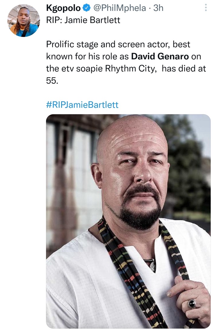 Sadness! Mzansi shattered by the passing of popular actor Jamie Bartlett famously known as David Genaro 3