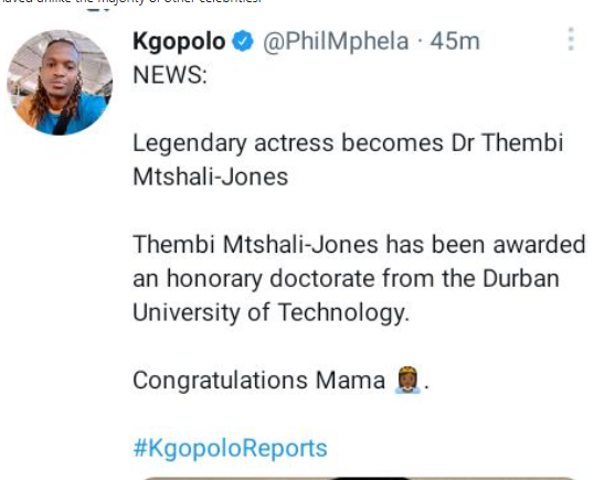 Messages are pouring in for legendary actor Thembi 2