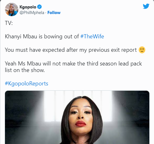 Khanyi Mbau allegedly leaves The Wife 2
