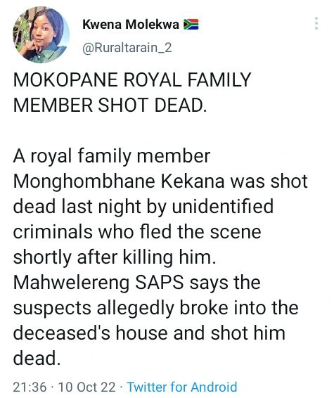 RIP! Kekana, A Member Of The Royal Family Was Shot Dead 2
