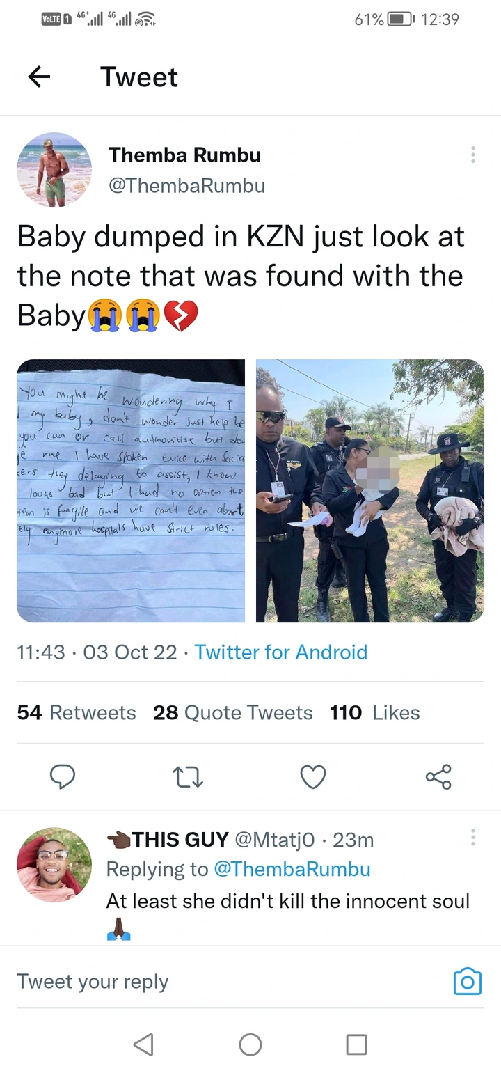 SAD: Baby found dumped in KZN with Note with heartbroken note 5