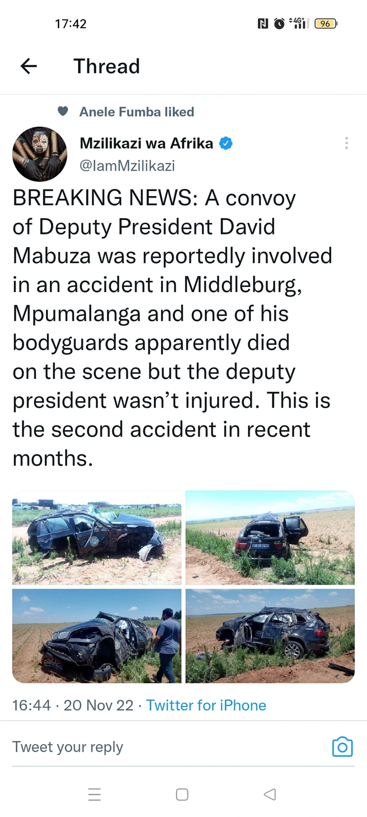 Deputy president David Mabuza allegedly got involved in a car accident with one person dead 6