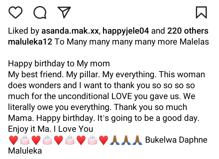 George Maluleka penned a touching message to his mother Bukelwa when she celebrated her birthday 2