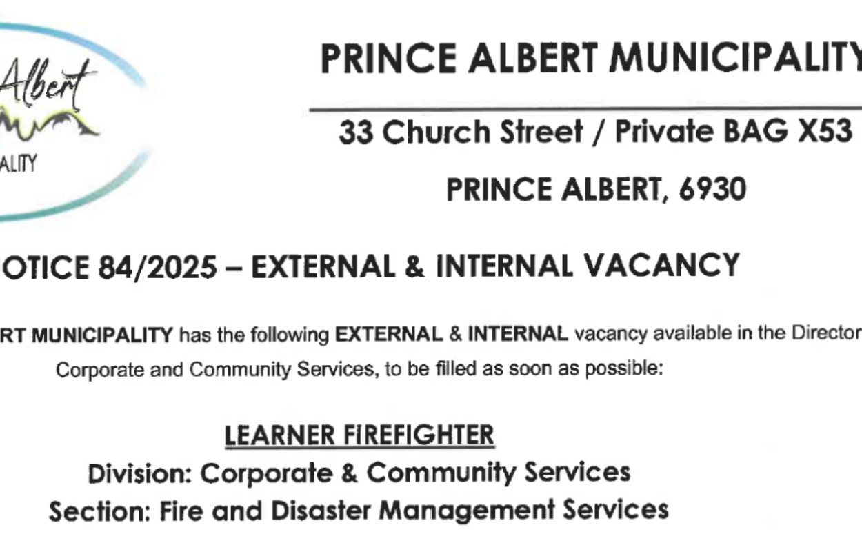 Prince Albert Municipality Fire Fighter Learnership 2025